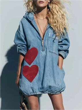 H&M Heart Patch Hooded Washed Denim Mini Skirt